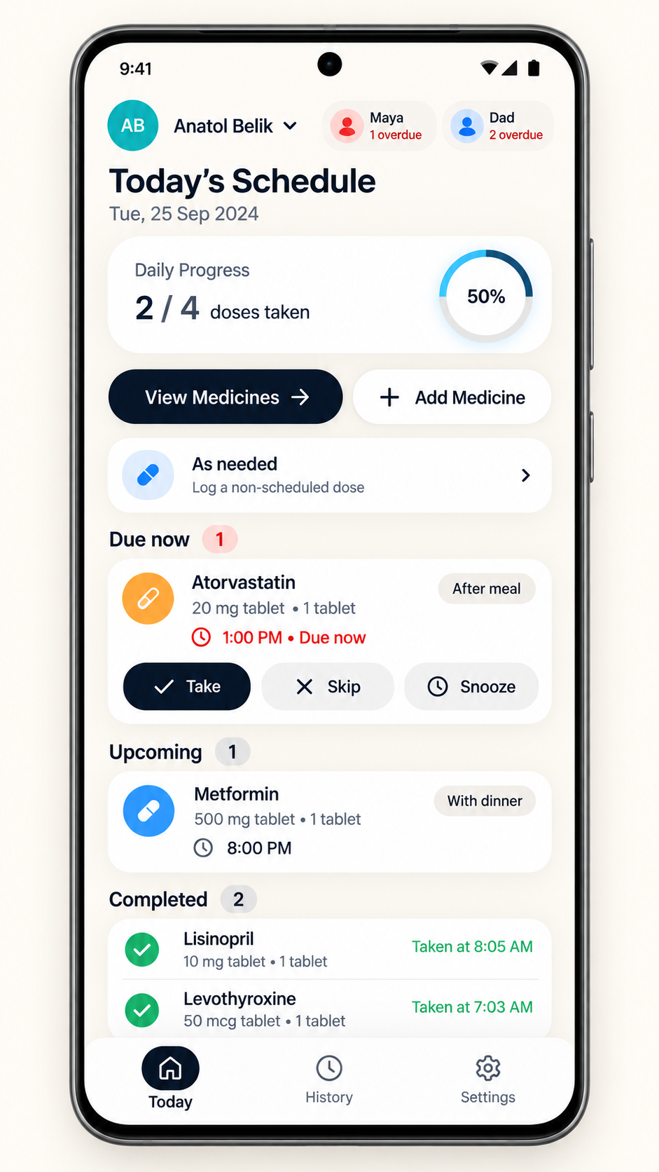DoseTracker Today Dashboard Screen Preview